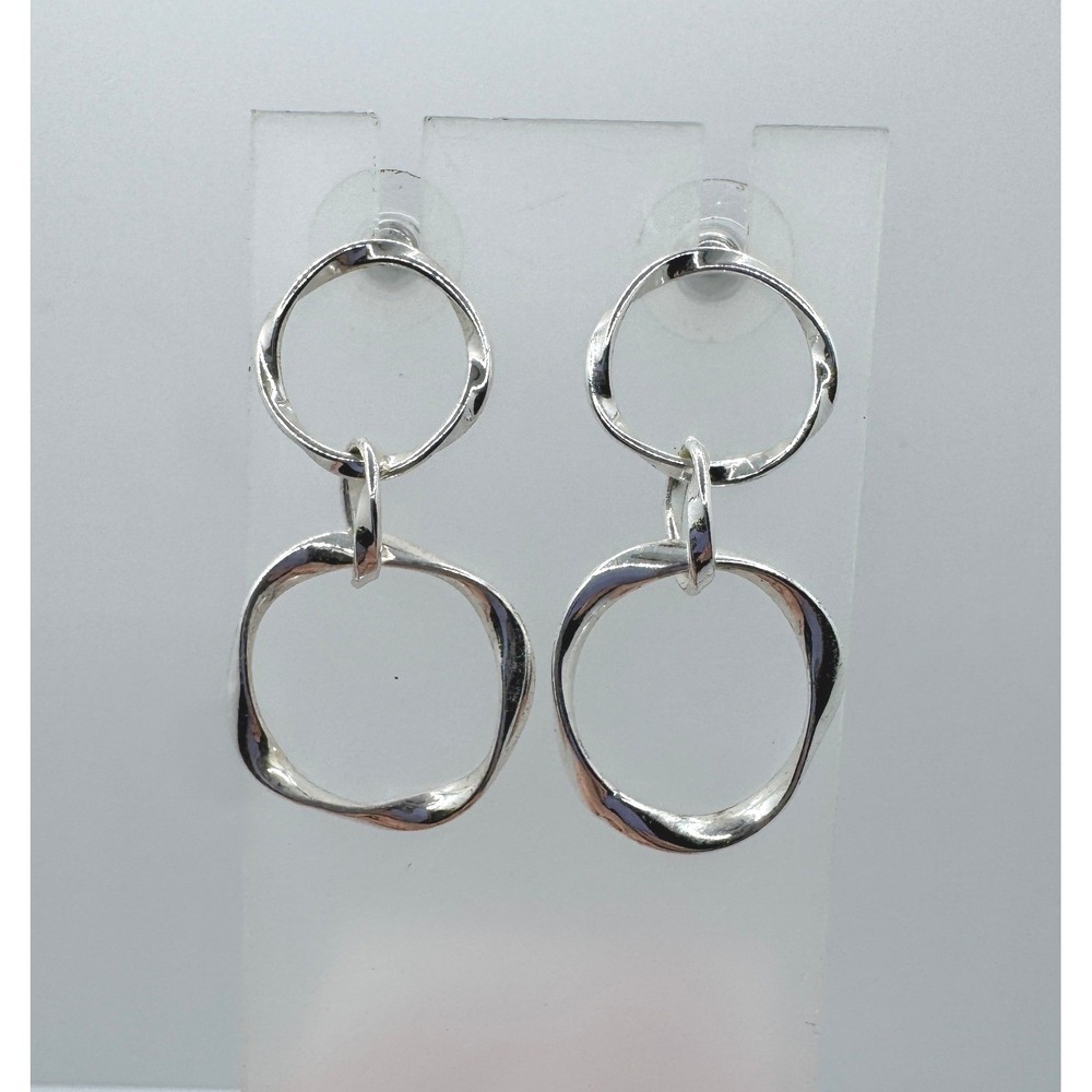 Silver Tone Double Organic Circle Drop Earrings Modern Geometric Dangle